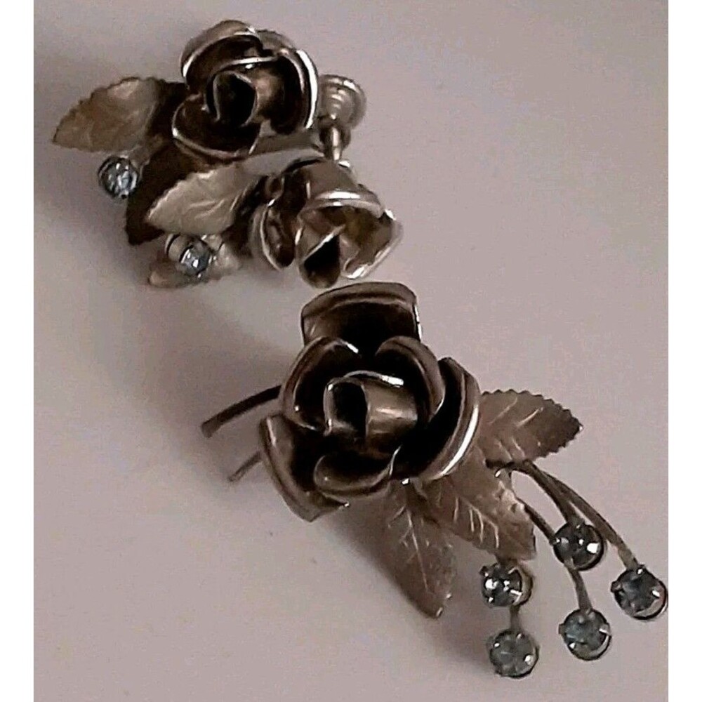 Vintage 3D Rose Brooch/pin W/ Blue Rhinestones & Screwback earrings
